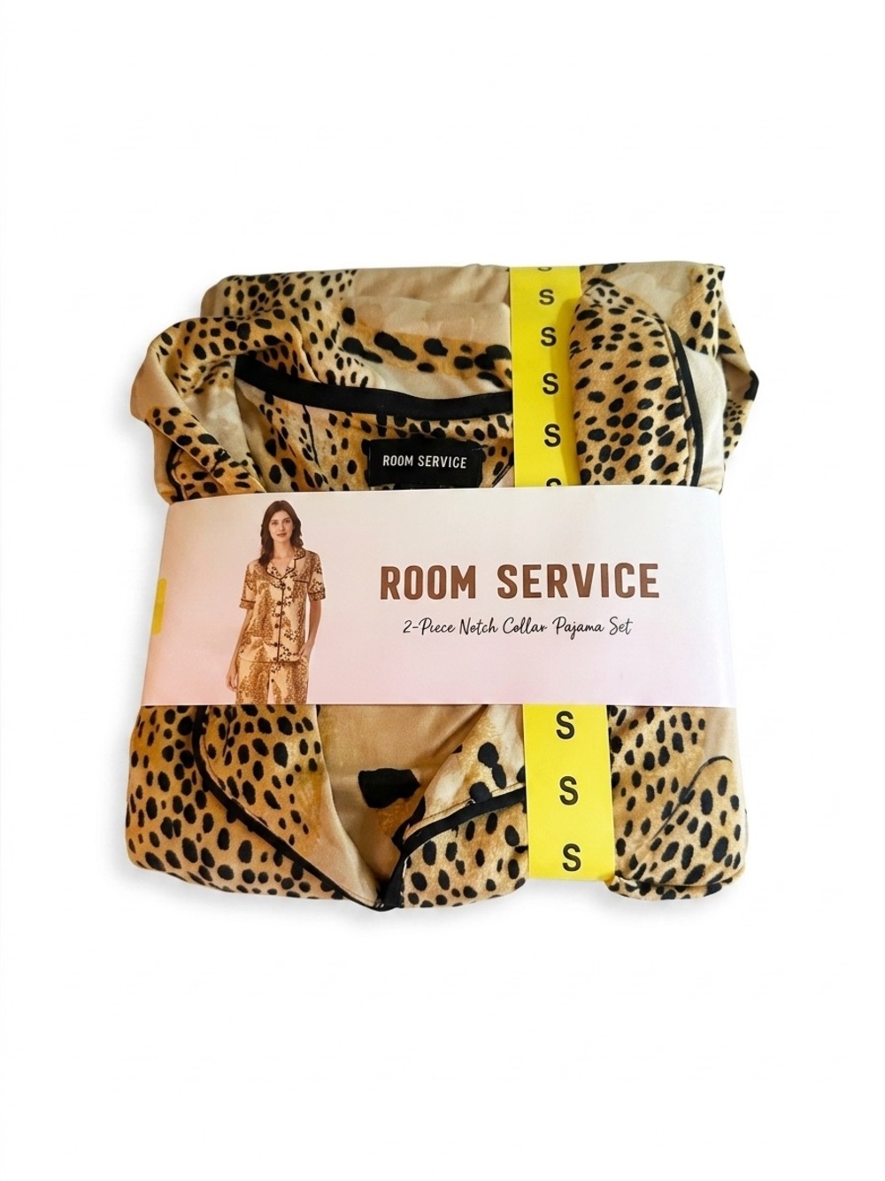 Room Service Women's Leopard-Print Notch Collar Pajama Set — Beige/Black